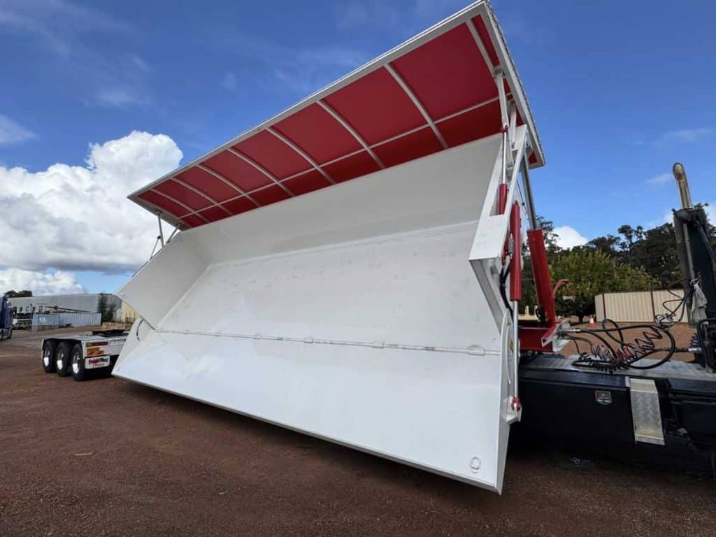 FreightWest Next Generation Side Tipper rear quarter view on red dirt WA