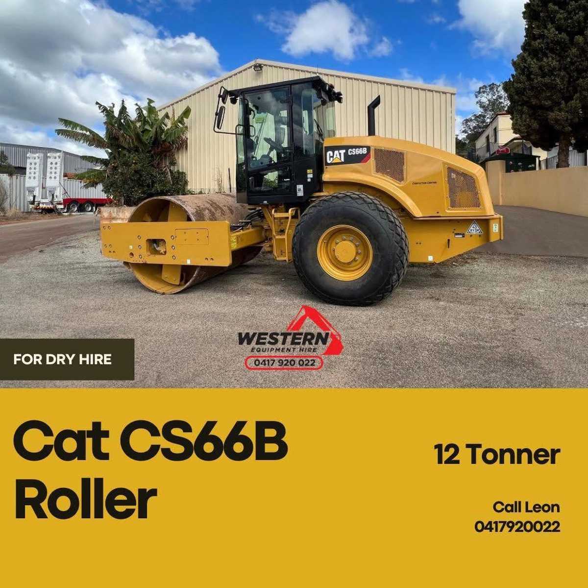 Side view of a yellow Caterpillar CS66B 12-tonne soil compactor roller parked in front of a warehouse, featured on a promotional banner for equipment hire.