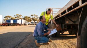 Buyer with a clipboard checking the tyres and suspension of a truck trailer for sale in WA.