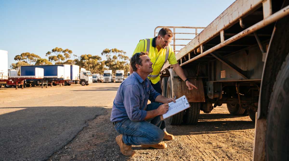 Buyer with a clipboard checking the tyres and suspension of a truck trailer for sale in WA.