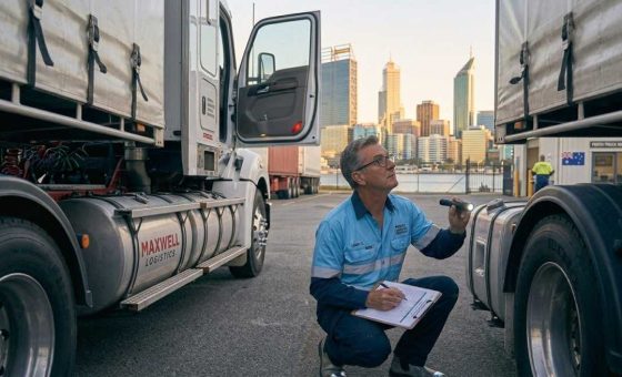Truck driver performing a pre-trip inspection, crouching to check the wheels and chassis of a Maxwell Logistics trailer truck using a flashlight and holding a checklist, with the Perth skyline behind him.