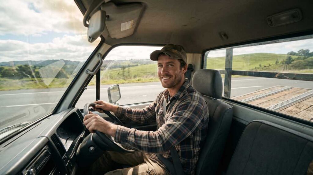 Smiling truck driver on the open road hauling general freight with a flat deck truck trailer.