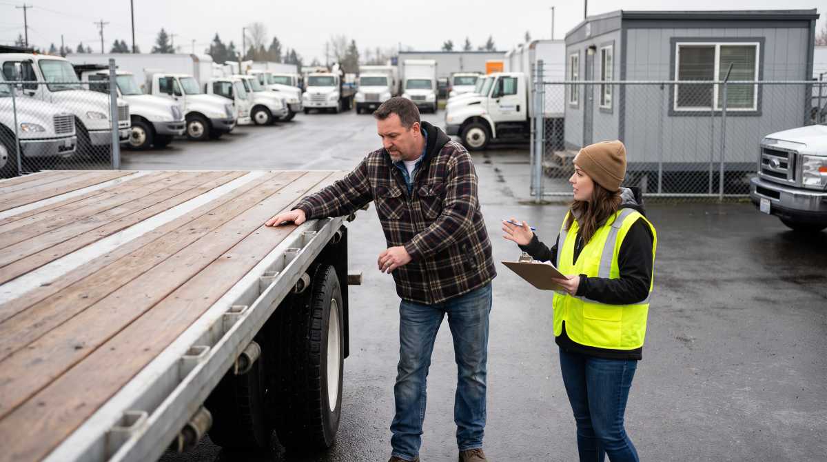 Customer and sales rep inspecting the open deck and tie-down rails of a flat deck truck trailer at Western Truck Sales