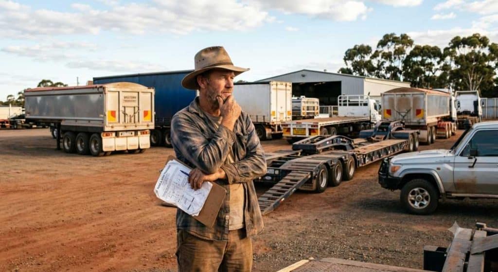 A photo of a man in a work hat and clothes stands thoughtfully in an Australian trailer yard, with various semi-trailers behind him, considering purchase options.