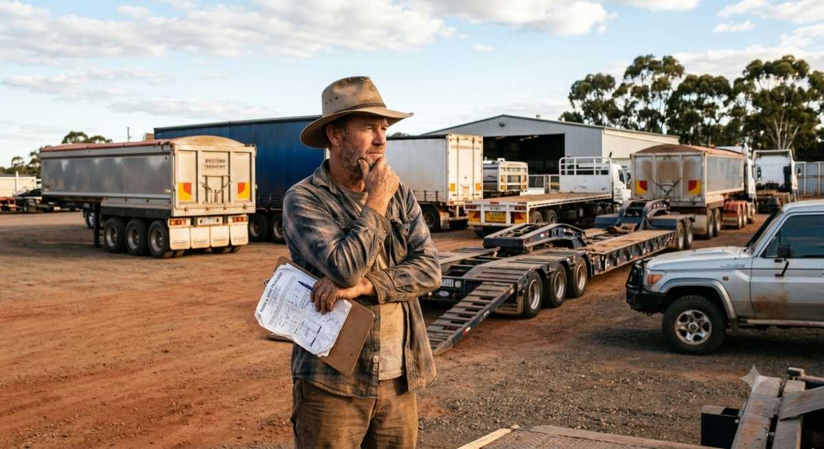 A photo of a man in a work hat and clothes stands thoughtfully in an Australian trailer yard, with various semi-trailers behind him, considering purchase options.