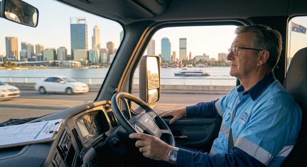 Long-haul truck driver in a light blue shirt driving a semi-truck along the river with the Perth city skyline and afternoon sun in the background