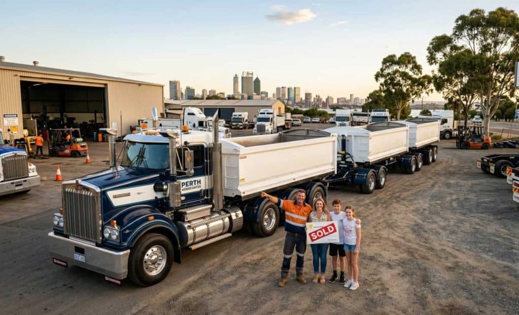 A family celebrates purchasing a Kenworth side tipper road train at a Perth heavy vehicle dealership