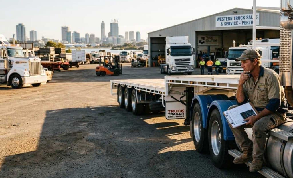 A man in a work shirt sits on a truck step, thoughtfully looking at a flatbed trailer in a Perth industrial yard.