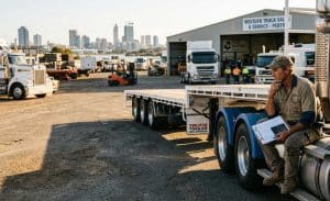 A man in a work shirt sits on a truck step, thoughtfully looking at a flatbed trailer in a Perth industrial yard.