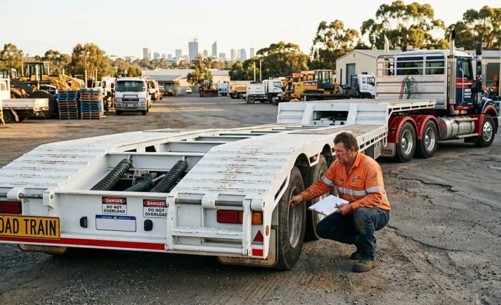 A man in a high-vis shirt crouches to inspect the wheels of a large drop deck trailer in a Perth industrial yard.