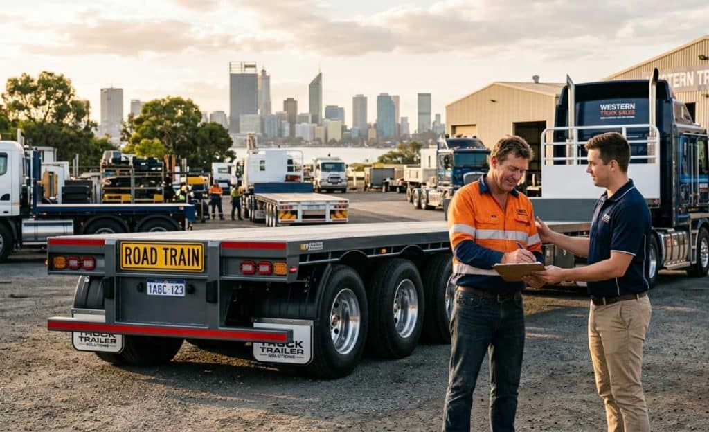 Two men in workwear review paperwork at a Perth truck yard with a new road train trailer.