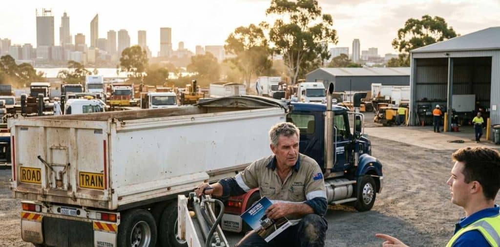 A mechanic discusses a side tipper trailer with a salesman in a Perth industrial yard at sunset.