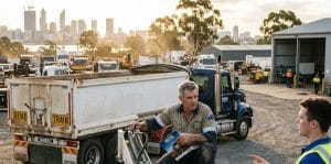 A mechanic discusses a side tipper trailer with a salesman in a Perth industrial yard at sunset.