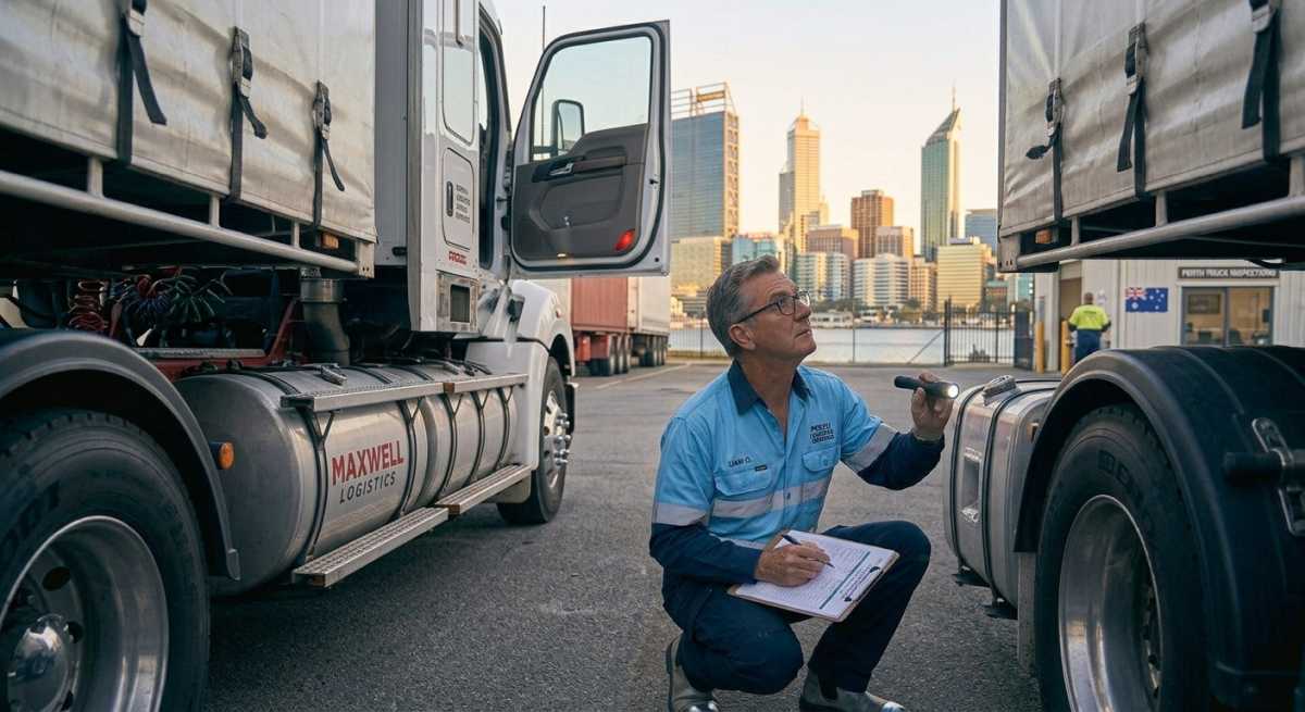 Truck driver performing a pre-trip inspection, crouching to check the wheels and chassis of a Maxwell Logistics trailer truck using a flashlight and holding a checklist, with the Perth skyline behind him.