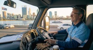 A happy male truck driver in a light blue shirt driving a semi-truck over the Swan River with the Perth city skyline in the background, a clipboard on the dashboard.