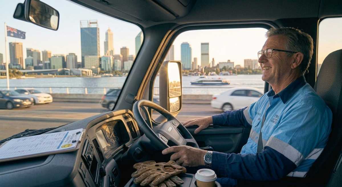A happy male truck driver in a light blue shirt driving a semi-truck over the Swan River with the Perth city skyline in the background, a clipboard on the dashboard.