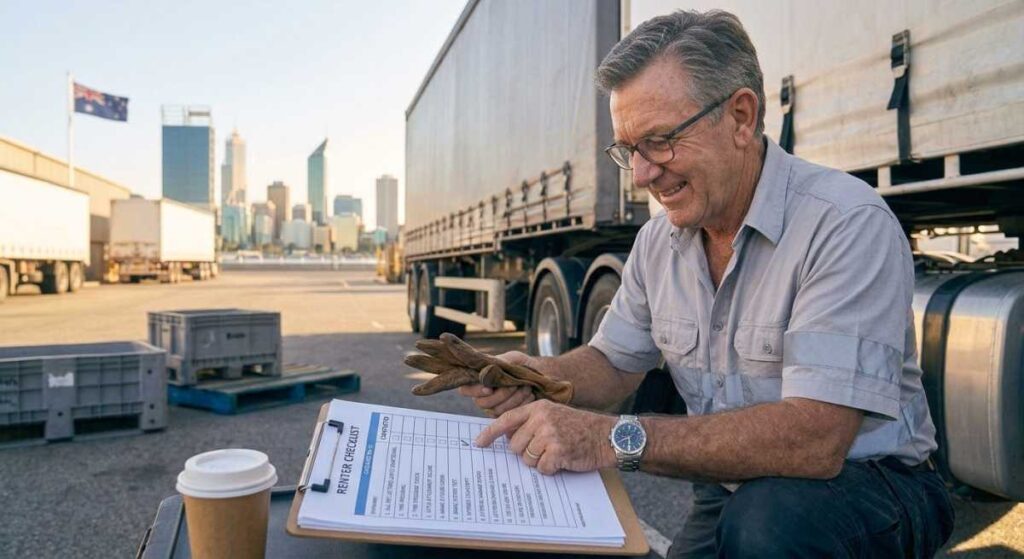 A truck renter in Perth crouching with a coffee, holding gloves and a pen to inspect a clipboard with a "RENTER CHECKLIST," with the city skyline and an Australian flag in the background.