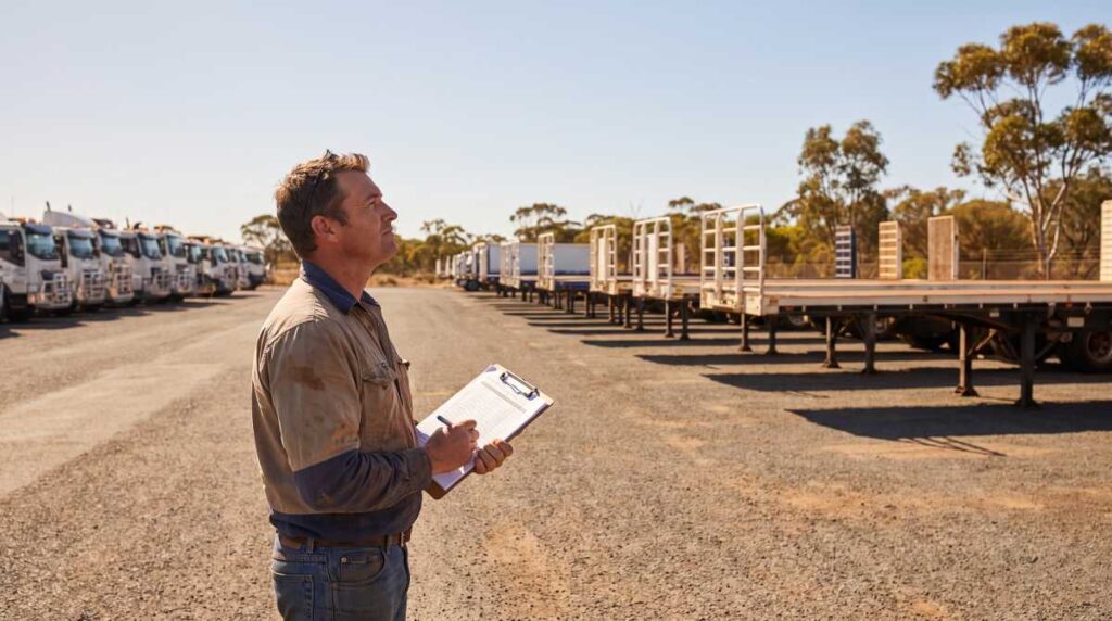 Buyer reviewing a checklist in front of a fleet of flat deck truck trailers for sale in WA.